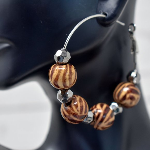 2" Zebra Print Wood Beads Leverback Hoop Earrings - Picture 8 of 12